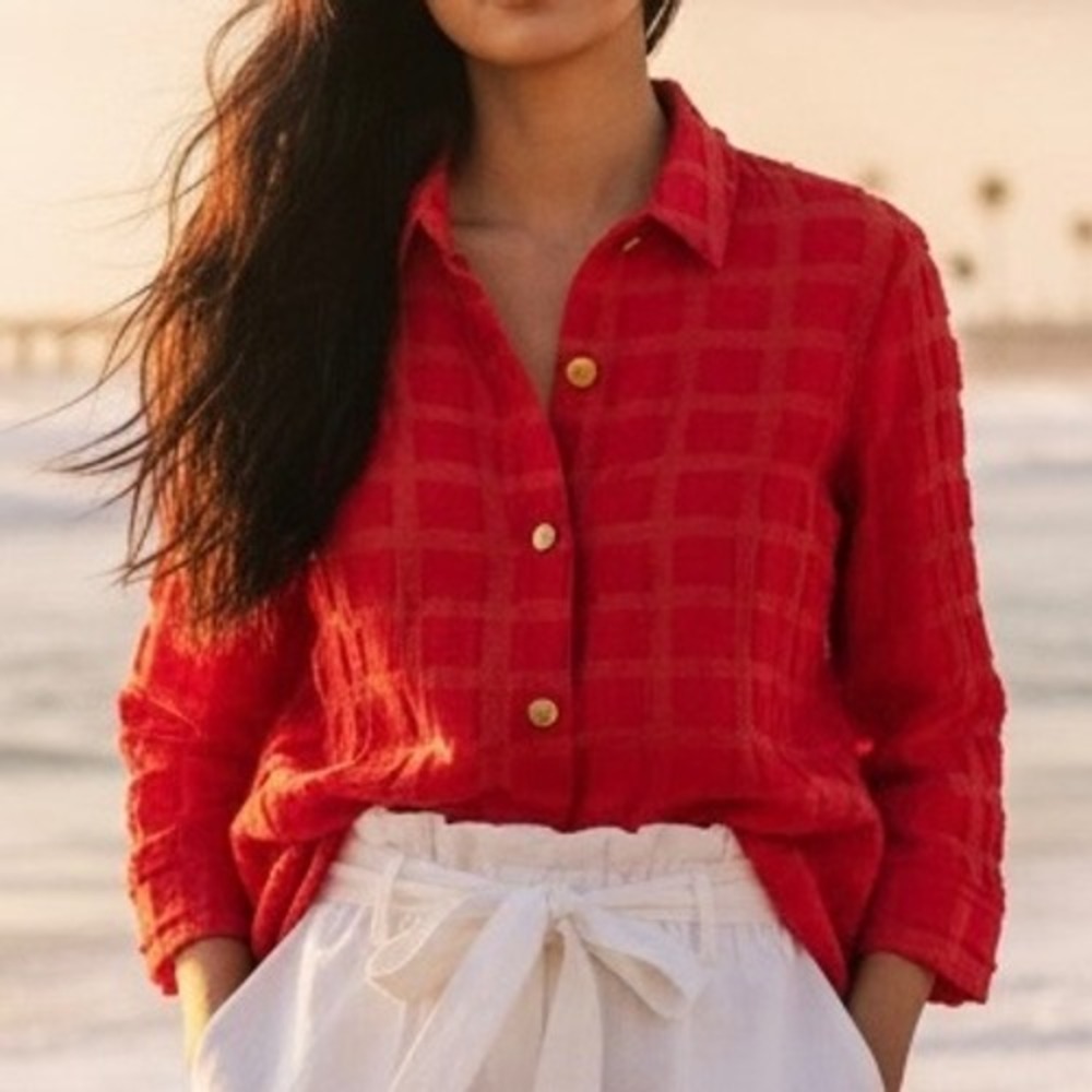 Chicos Red Textured Grid Button Down Shirt 3/4 Sleeve Sz0/US4 Classic Travel